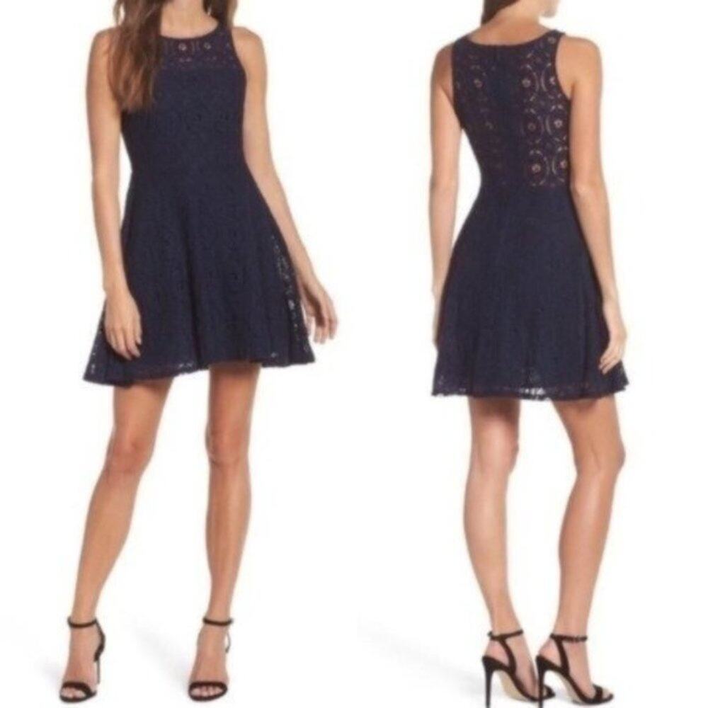 BB Dakota Renley Lace Fit & Flare Dress Navy Sz 8